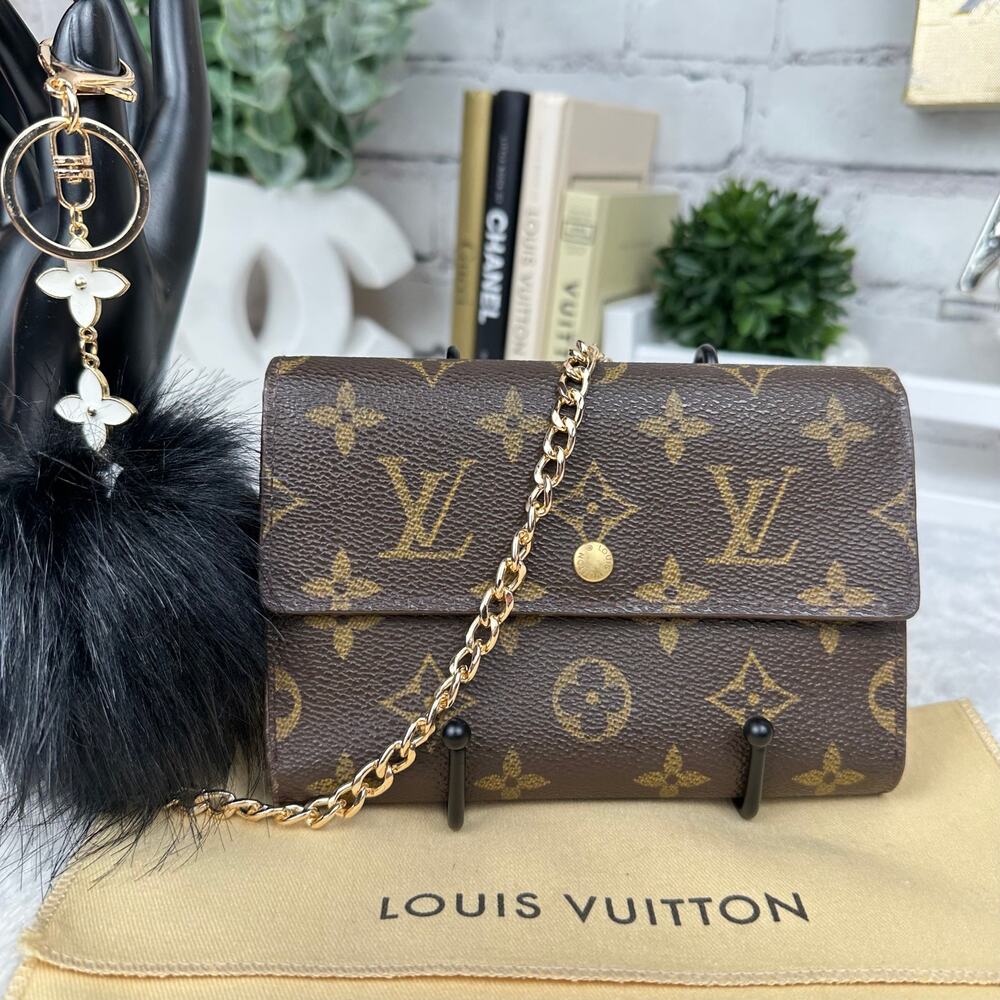 Louis Vuitton monogram vintage trifold wallet or crossbody w/ chain & bag charm